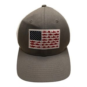 Columbia PFG FlexFit Fishing Hat S/M Gray White USA Flag Fish Patch Trucker